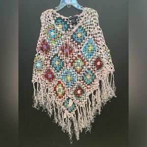 American Attitudes Crotchet Poncho Shawl w/ Fringe Girl's Vintage